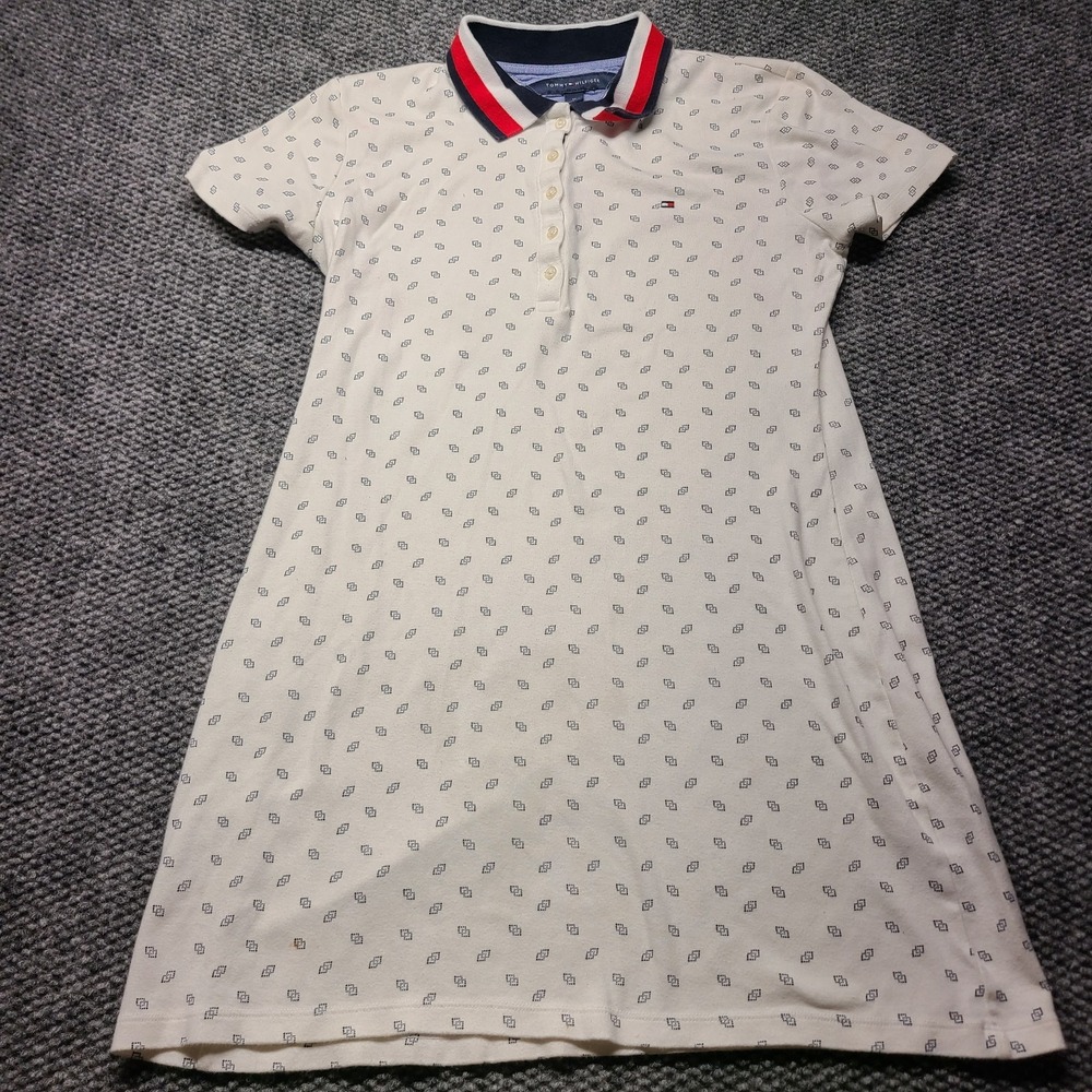 Y2k Tommy Hilfiger Polo Dress Womens Medium White Allover Geometric Athleisure